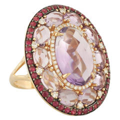 Beautiful Amethyst Ruby Diamond Ring In Rose Gold