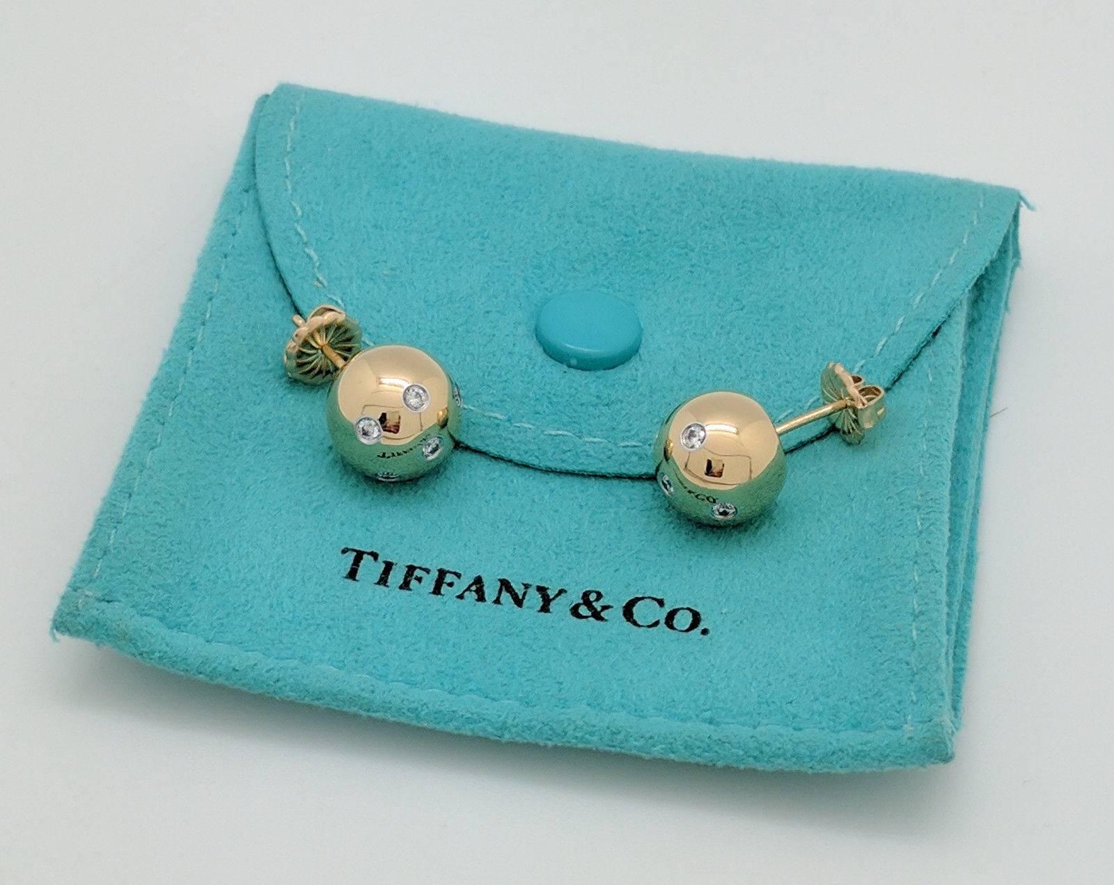 Tiffany & Co. Etoile Diamond 18 Karat Gold and Platinum Ball Earrings In Excellent Condition In Gainesville, FL