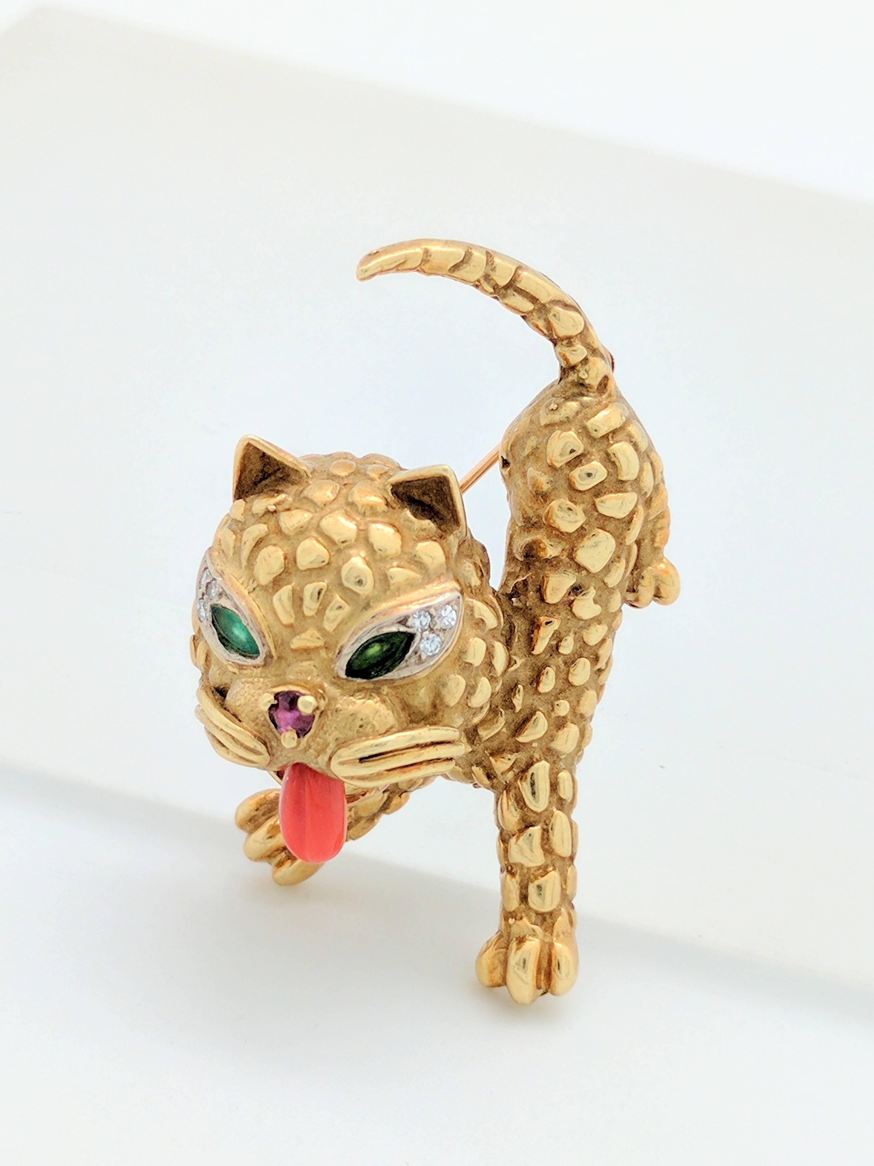 Carnelian Emerald Ruby Diamond Yellow Gold Cat Brooch Pin In Excellent Condition In Gainesville, FL
