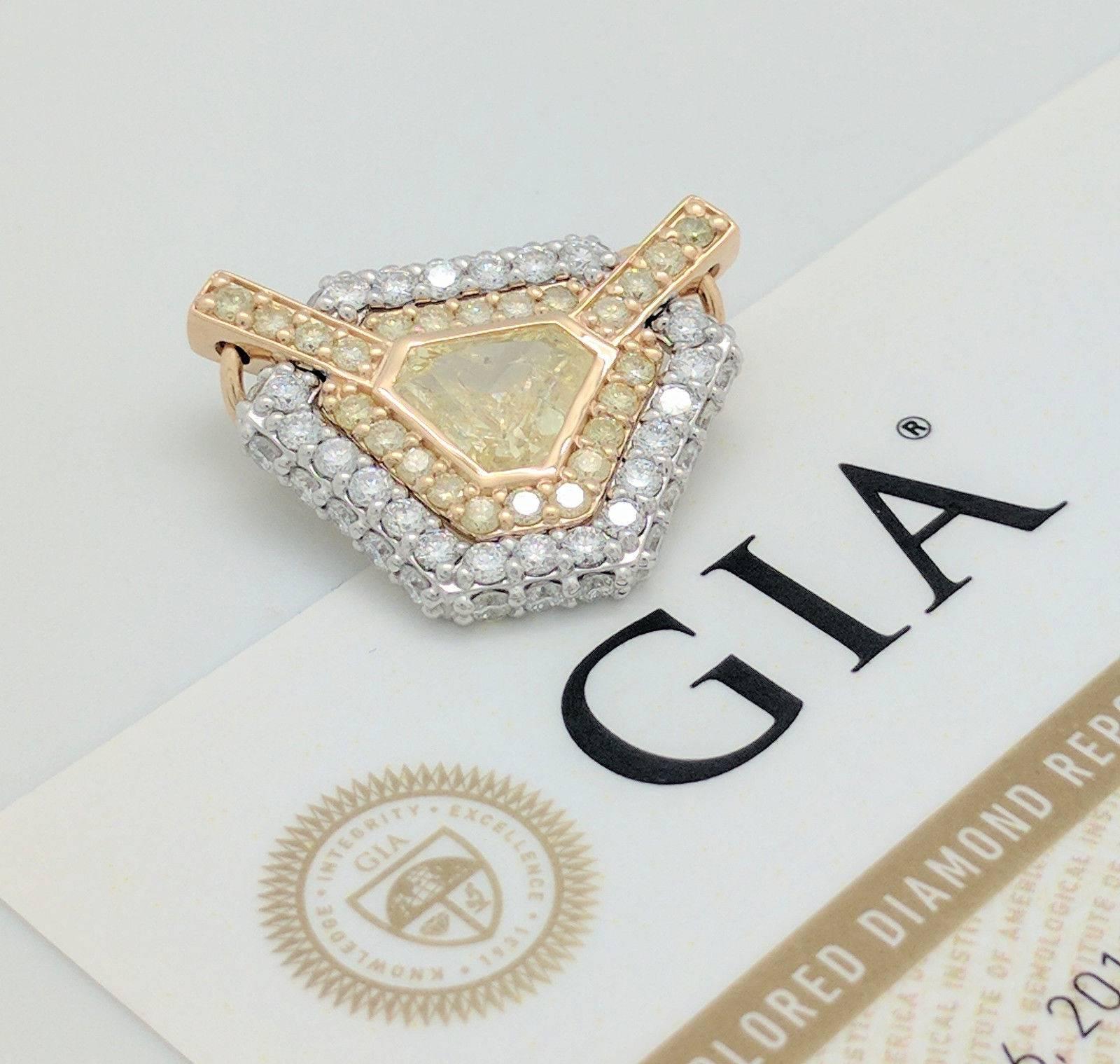 1.78Ct Natural Fancy Intense Yellow Triangular Diamond 18K Two-Tone Pendant GIA 5
