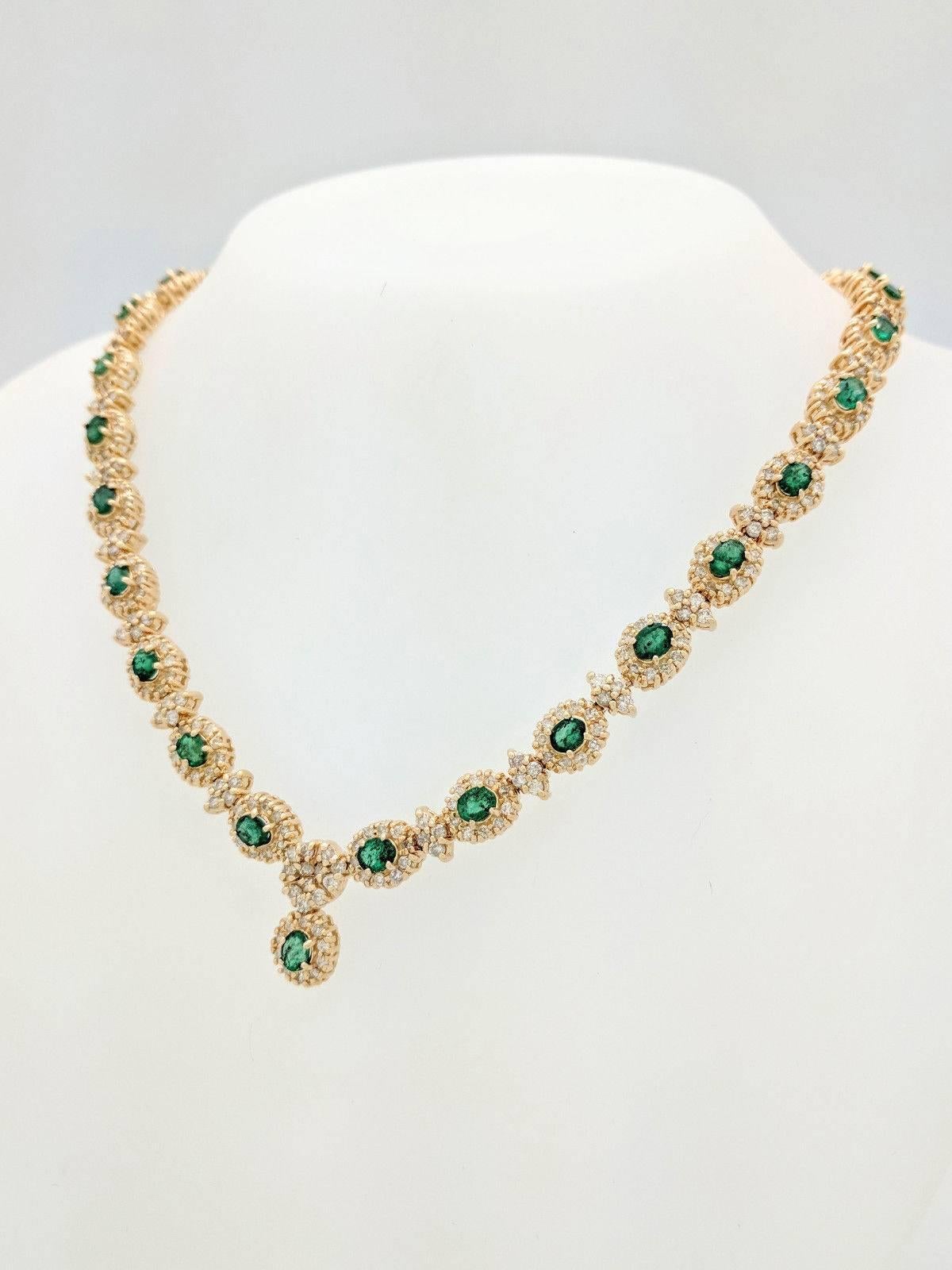 Victorian 14 Karat Gold 16.72 Carat Emerald and Diamond Tennis Necklace 54.8 Grams For Sale
