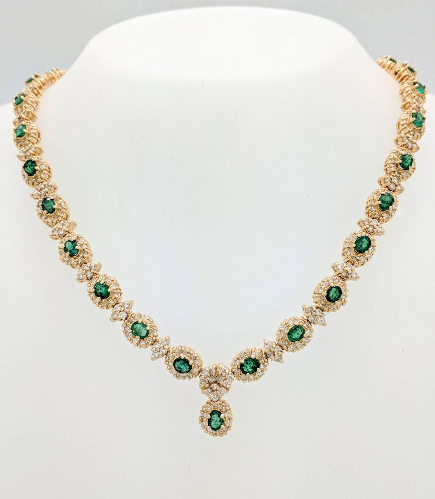 STUNNING 14K Yellow Gold 16.72ctw Emerald & Diamond Tennis Necklace 16