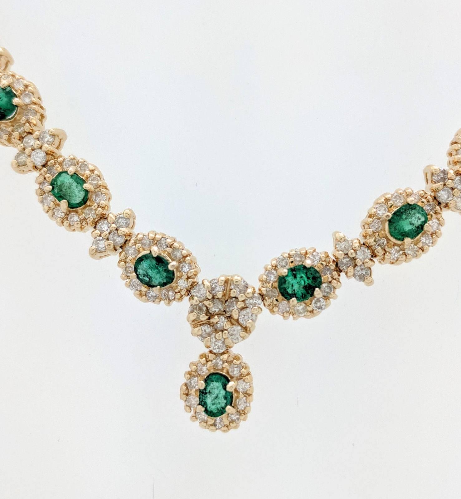 Oval Cut 14 Karat Gold 16.72 Carat Emerald and Diamond Tennis Necklace 54.8 Grams For Sale