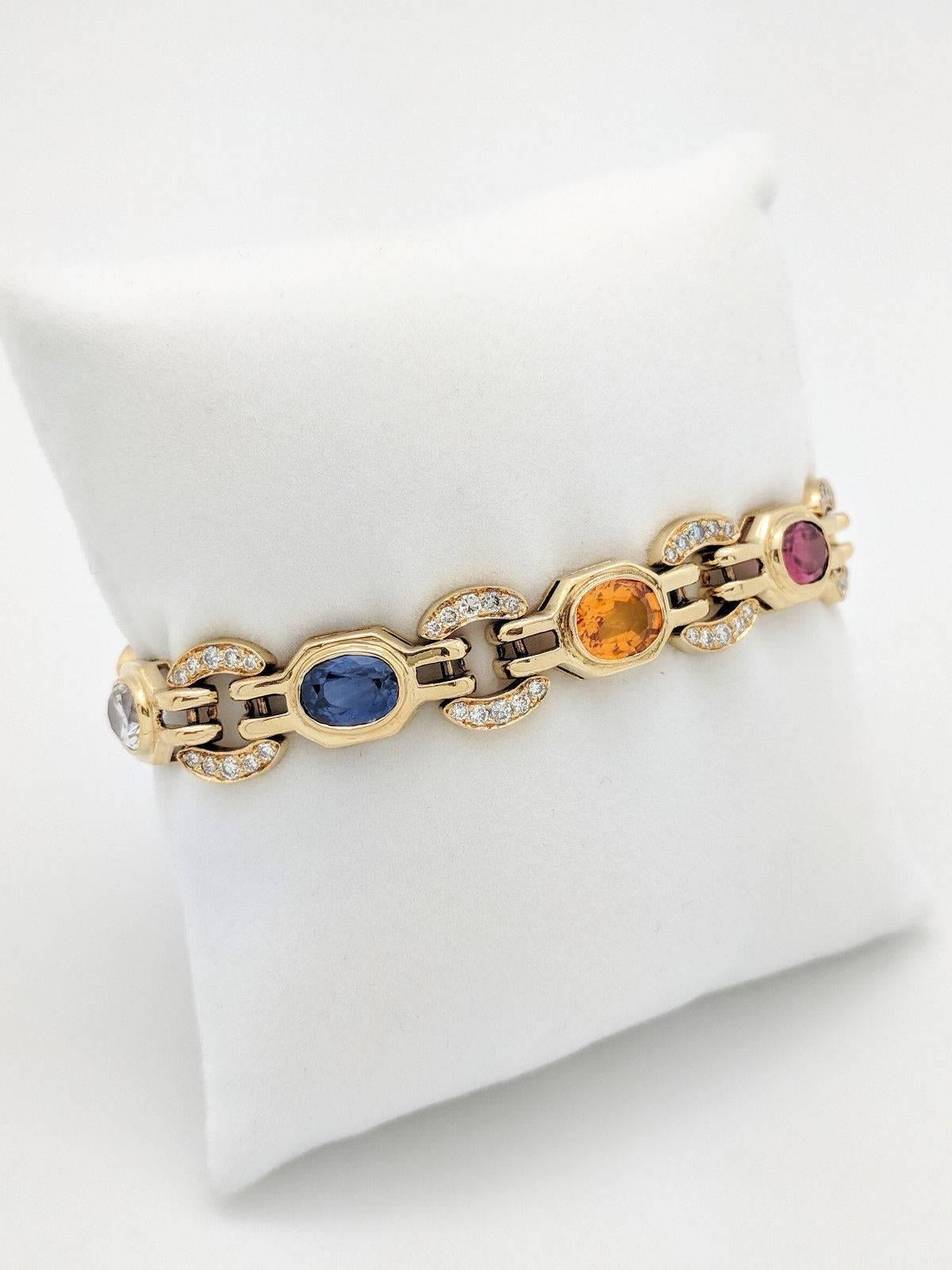 Modern Ladies 18k Yellow Gold Multi-Colored Sapphire and Diamond Bracelet 31.2 Grams For Sale