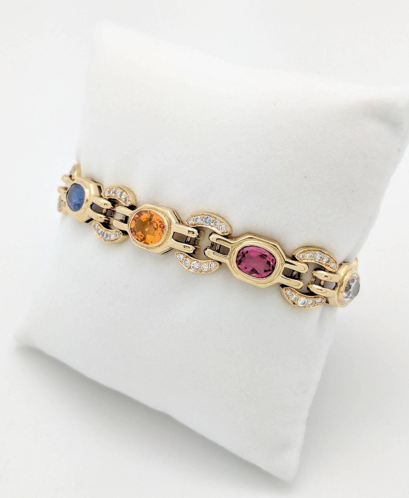Oval Cut Ladies 18k Yellow Gold Multi-Colored Sapphire and Diamond Bracelet 31.2 Grams For Sale