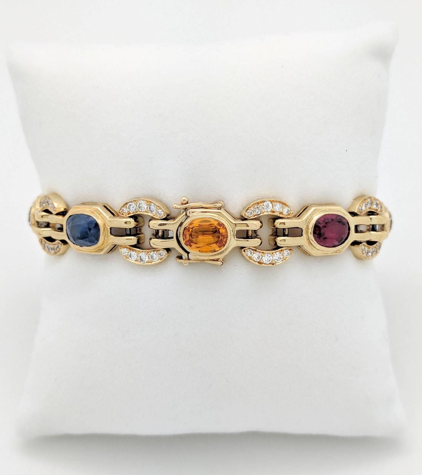 Ladies 18k Yellow Gold Multi-Colored Sapphire & Diamond Bracelet 7.75