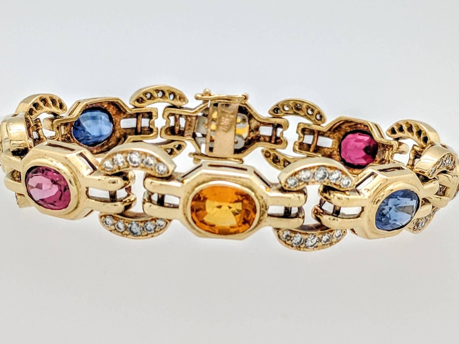Ladies 18k Yellow Gold Multi-Colored Sapphire and Diamond Bracelet 31.2 Grams In Excellent Condition For Sale In Gainesville, FL