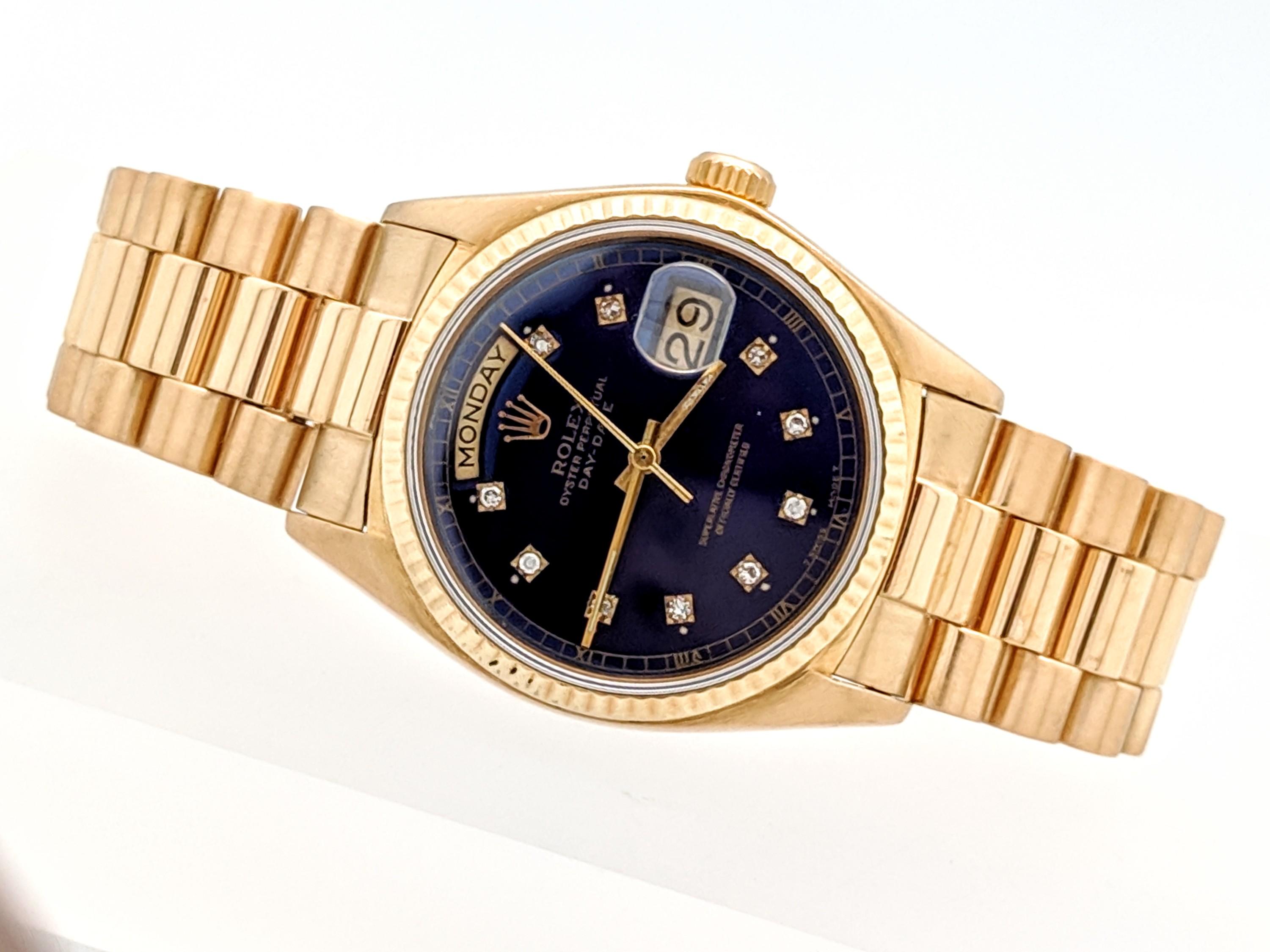 Round Cut Rolex President Day-Date 18 Karat Gold Blue Diamond Dial Men's Watch 18038