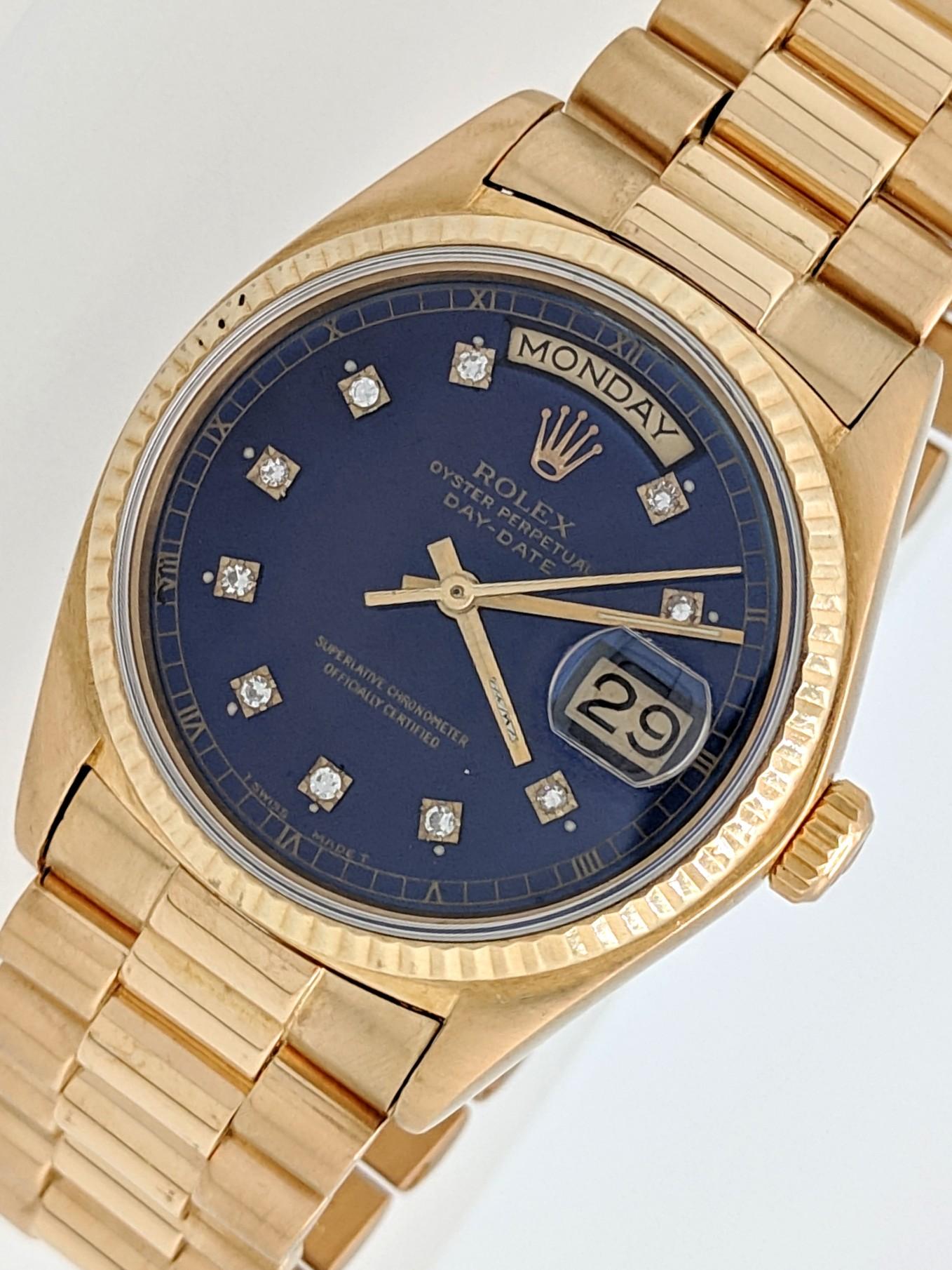 Contemporary Rolex President Day-Date 18 Karat Gold Blue Diamond Dial Men's Watch 18038