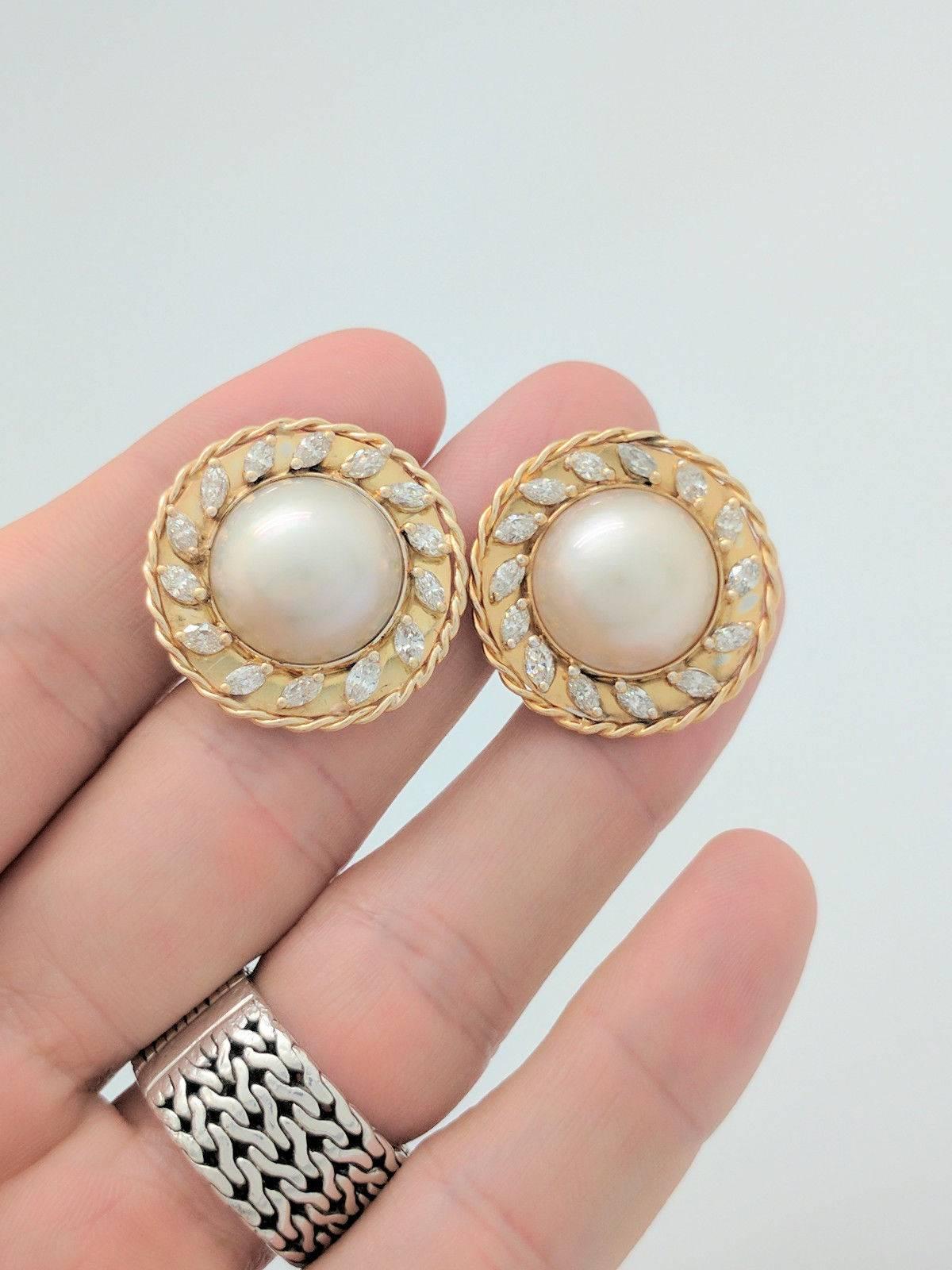 Modern 3.00 Carats Marquise Diamonds and Mabe Pearl Earrings For Sale