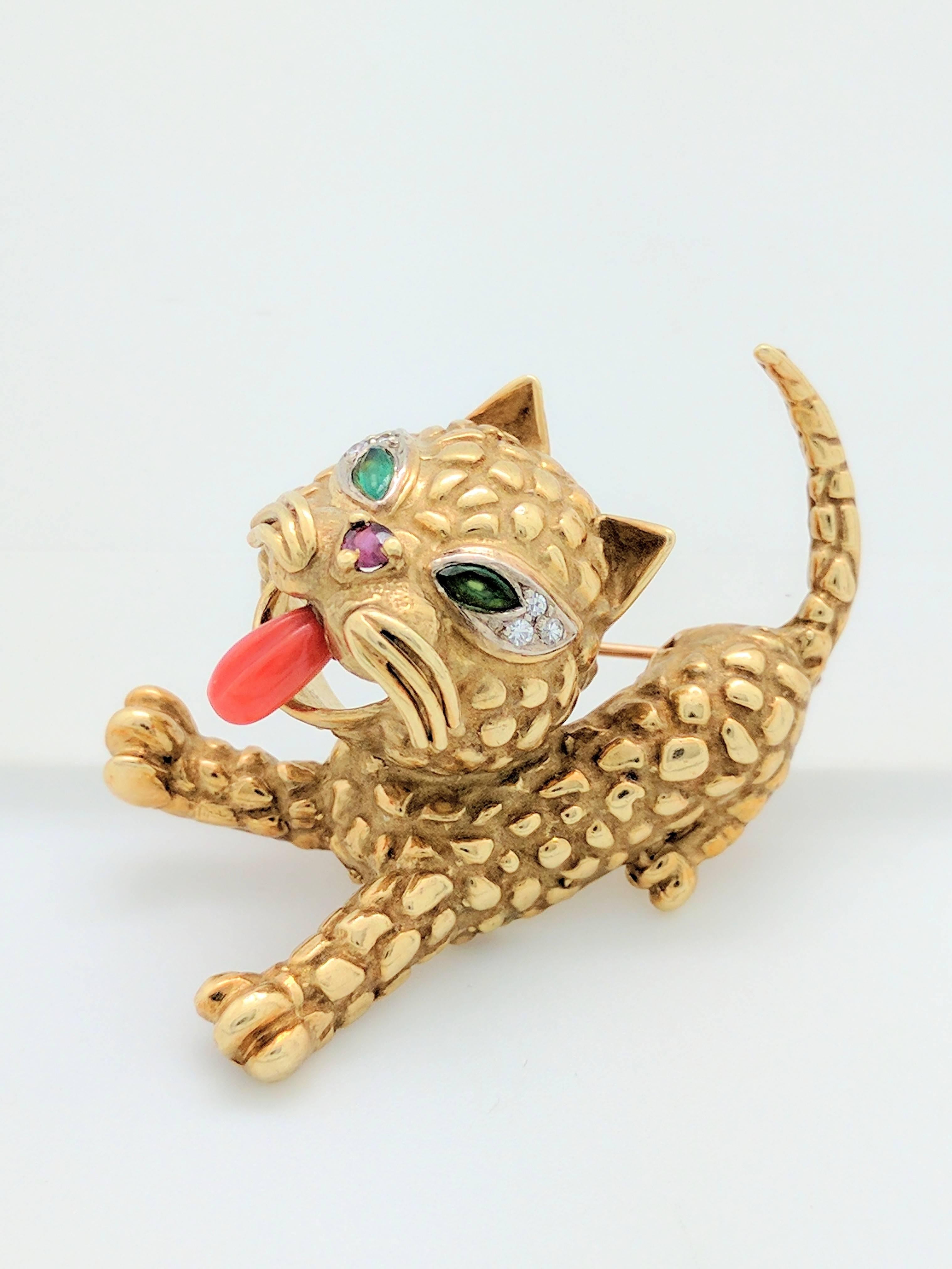Women's or Men's Carnelian Emerald Ruby Diamond Yellow Gold Cat Brooch Pin