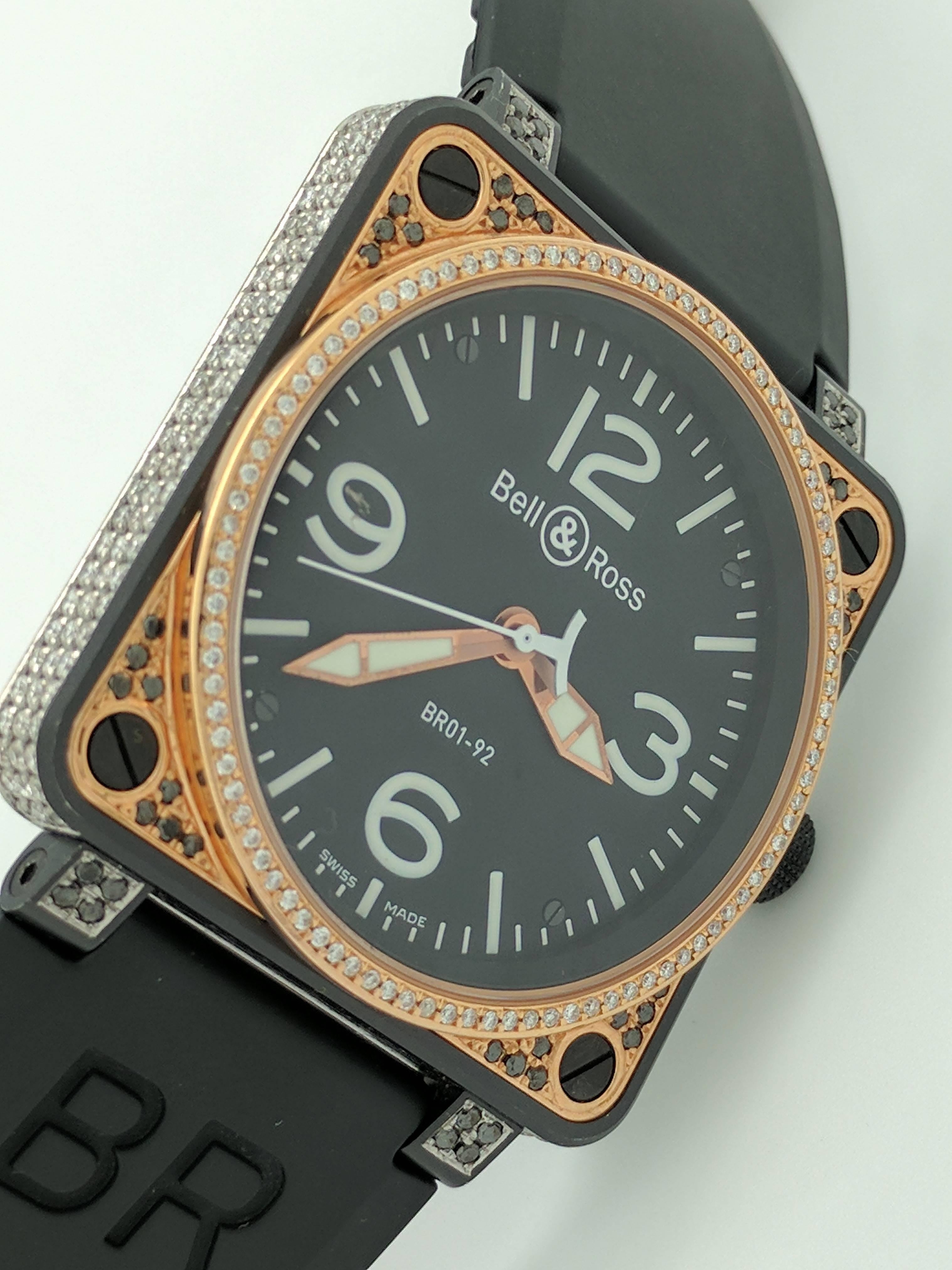 You are viewing an Authentic Men's Bell & Ross Aviation watch.

This watch is model number BR01-92.

Watch is made of 18k rose gold and black PVD coated stainless steel. Watch features an automatic movement, black dial with luminous markers and