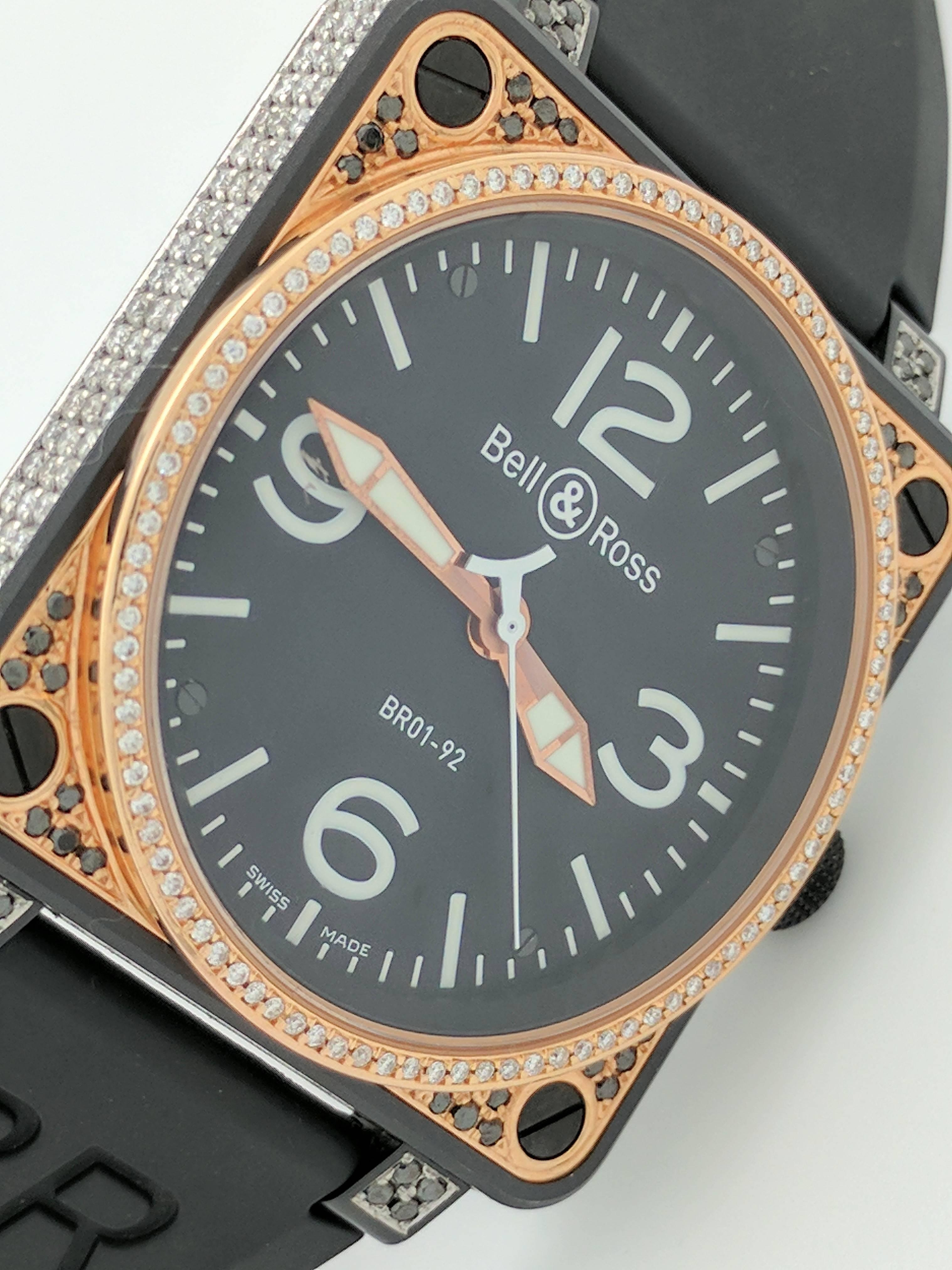 Modern Bell & Ross Rose Gold Black Stainless Steel Diamond Automatic Wristwatch
