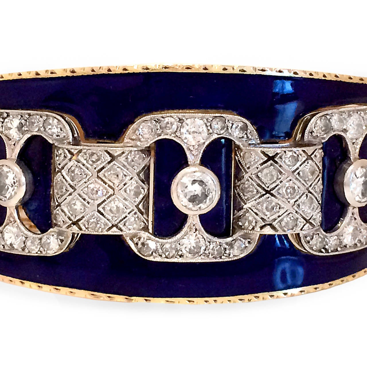 Antique Blue Enamel Diamond Gold Bangle Bracelet