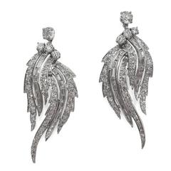 Divine 1950s 7 Carat Diamond Platinum Feathered Chandelier Earrings 2