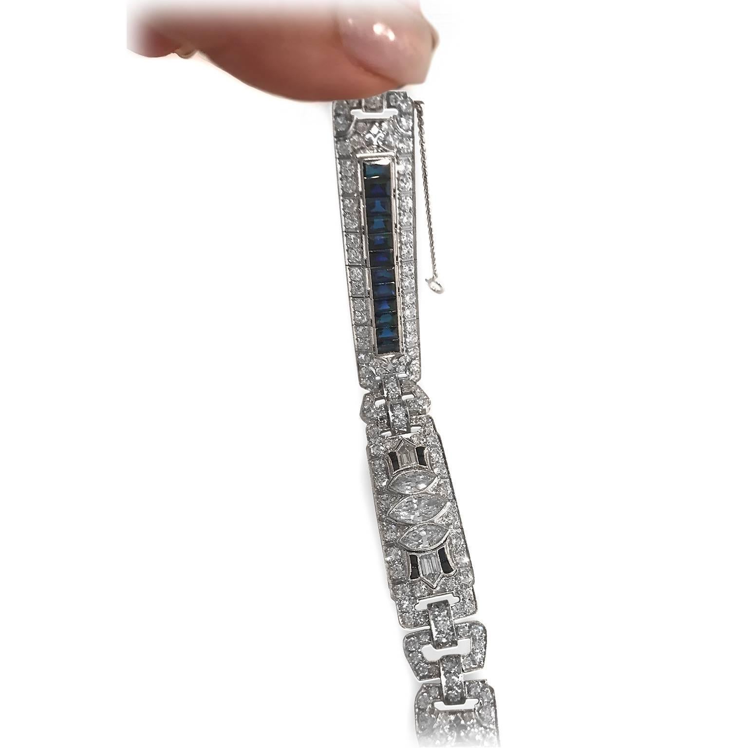 Art Deco 8 Carat Diamond with 4.8 Carat Genuine Sapphire Wide Bracelet In Excellent Condition In New York, NY