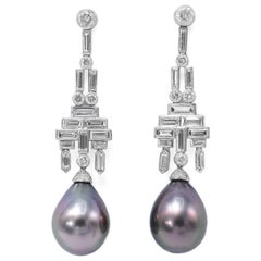Elegant Art Deco Diamond and Black Pearl Earrings 2