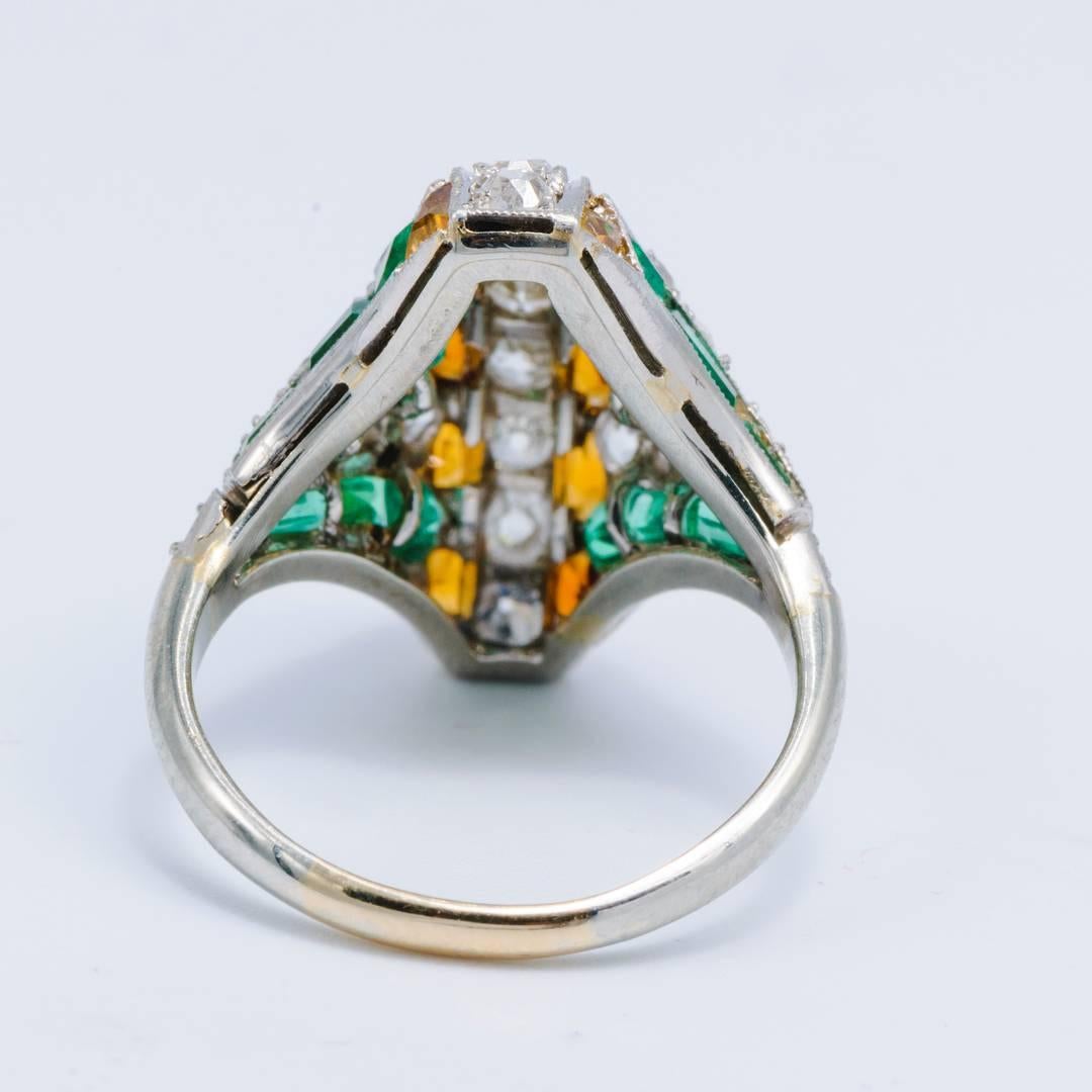 Emerald Cetrine Diamond  Art Deco Egyptian Revival Ring 1