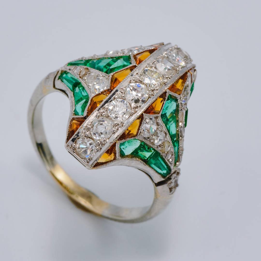 Women's Emerald Cetrine Diamond  Art Deco Egyptian Revival Ring