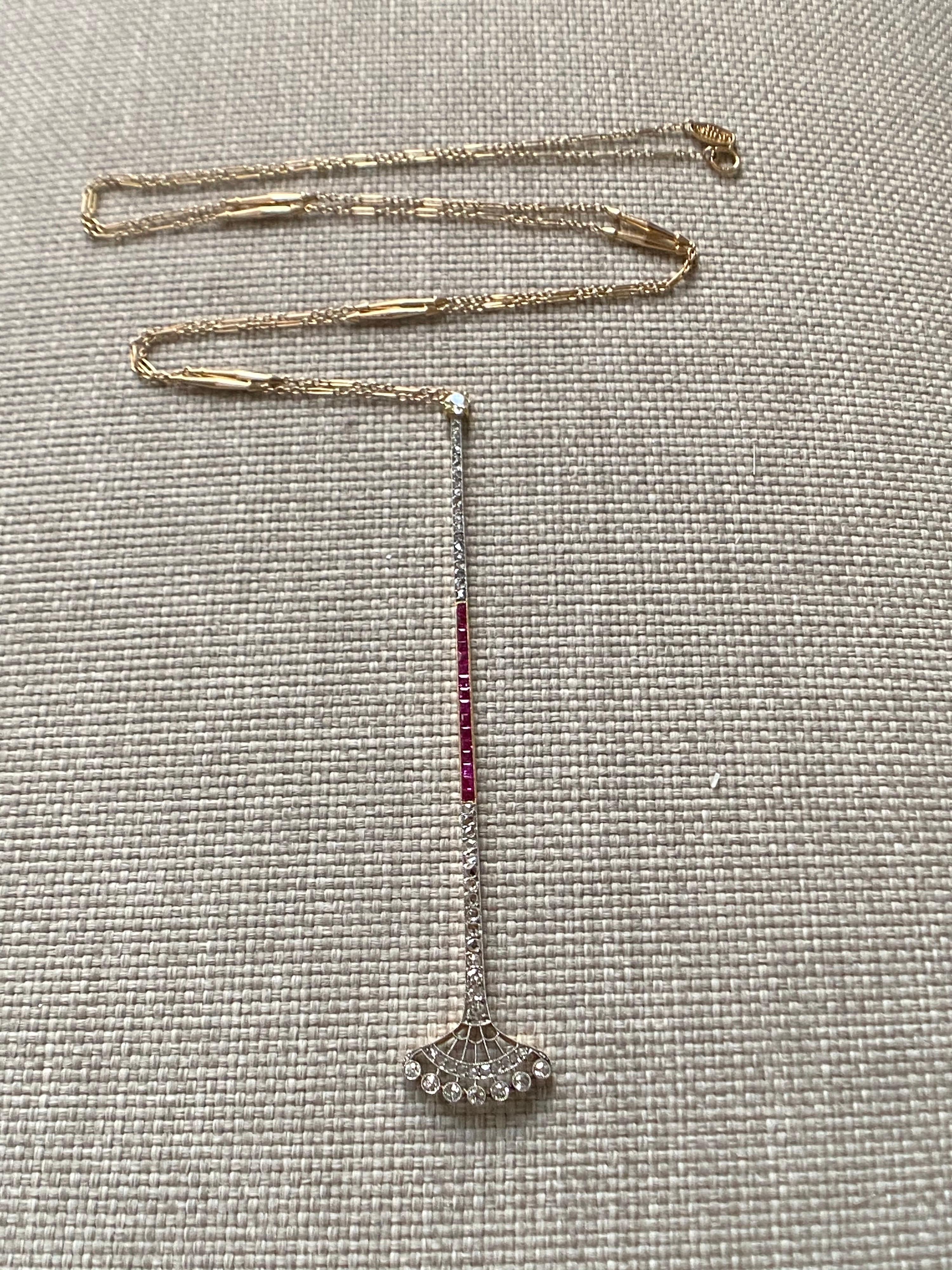 Mindi Mond Victorian Diamond Ruby Yellow Gold Long Bar Pendant In Good Condition For Sale In New York, NY