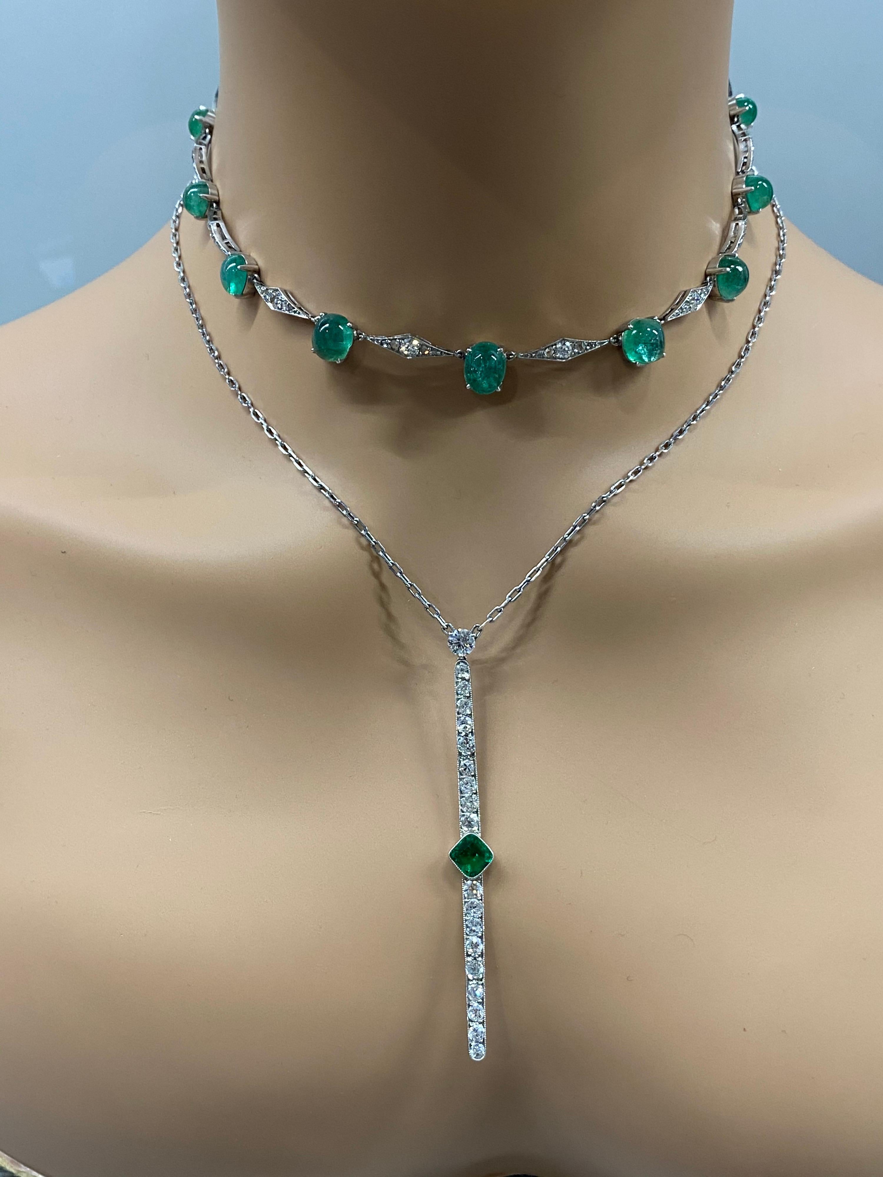 Columbian Emerald Diamond Bar Platinum Necklace In Excellent Condition In New York, NY