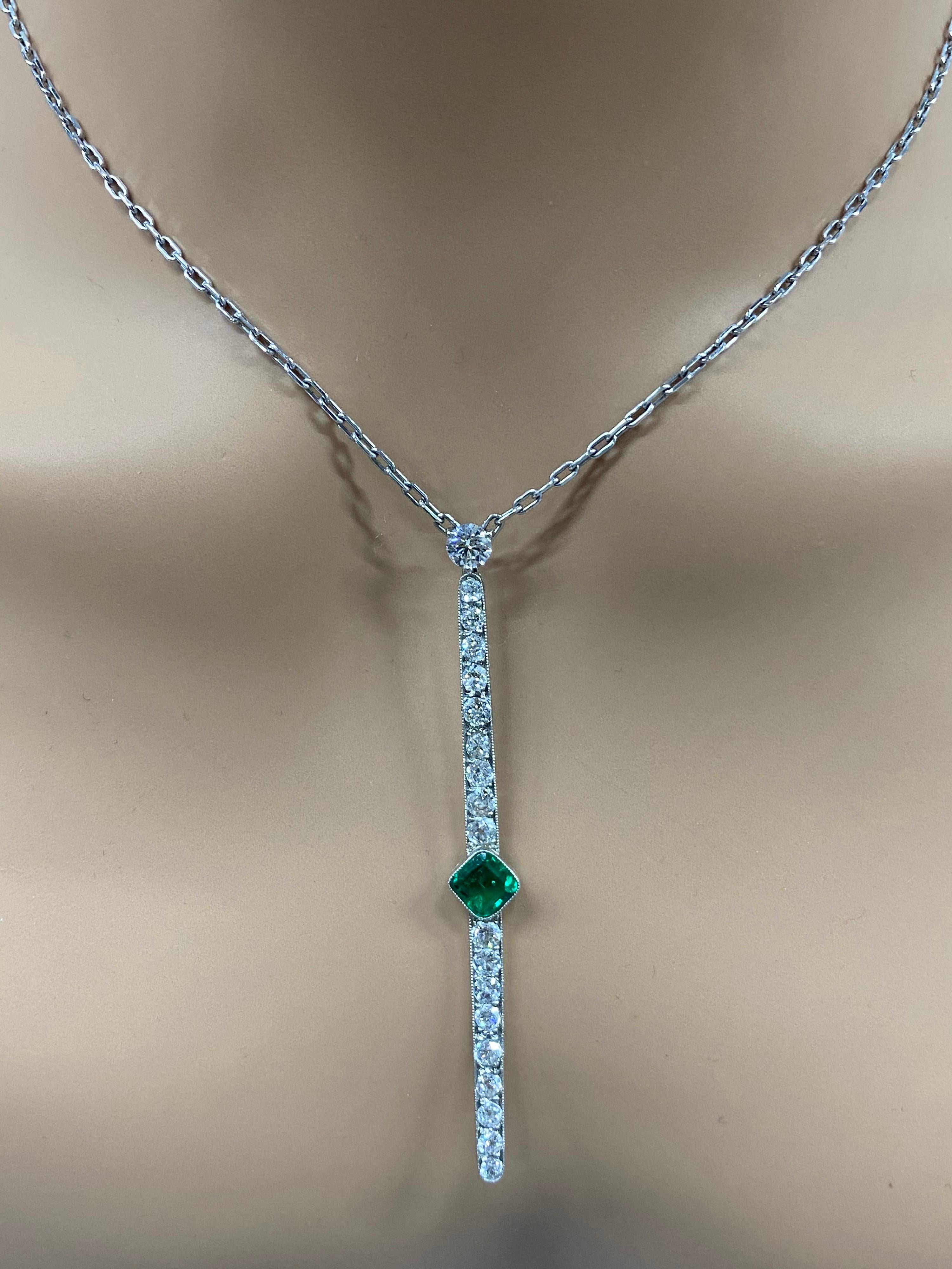 Columbian Emerald Diamond Bar Platinum Necklace 2