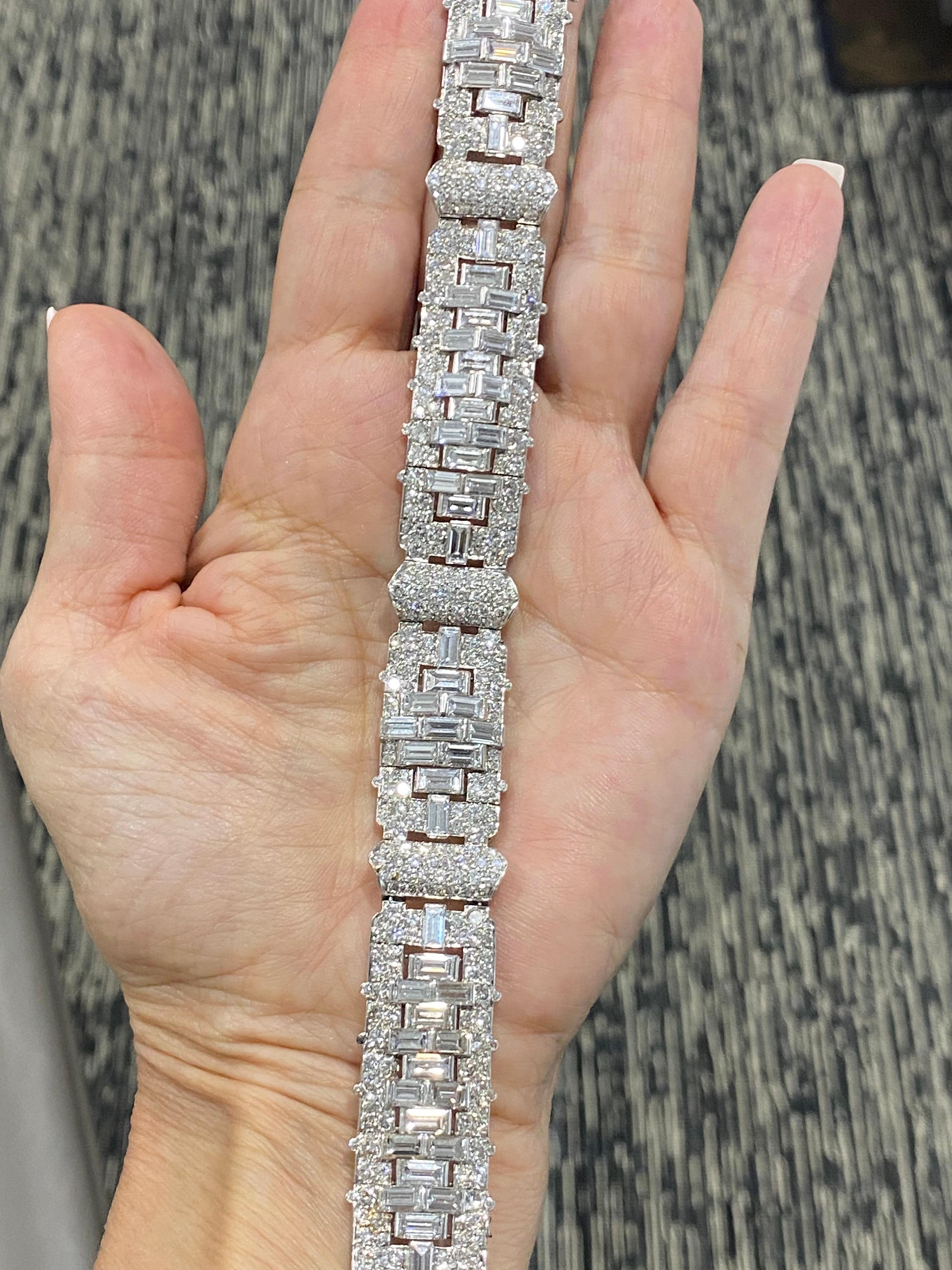 Art Deco GAL zertifizierte 24,5 Karat Baguette Runde Diamant Platin-Armband (Art déco) im Angebot