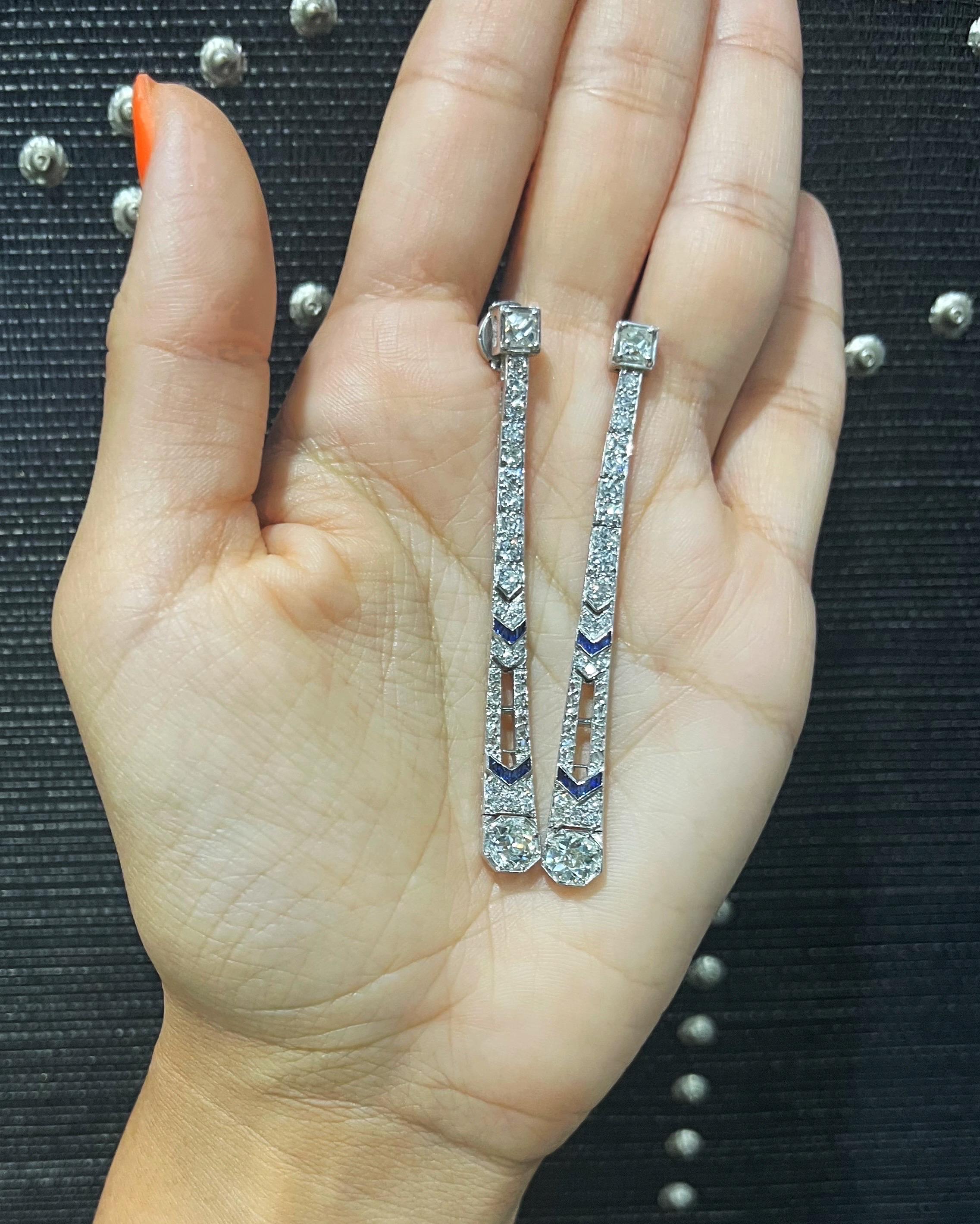 Mindi Mond French Art Deco Diamond Sapphire Platinum Chandelier Dangle Earrings For Sale 1