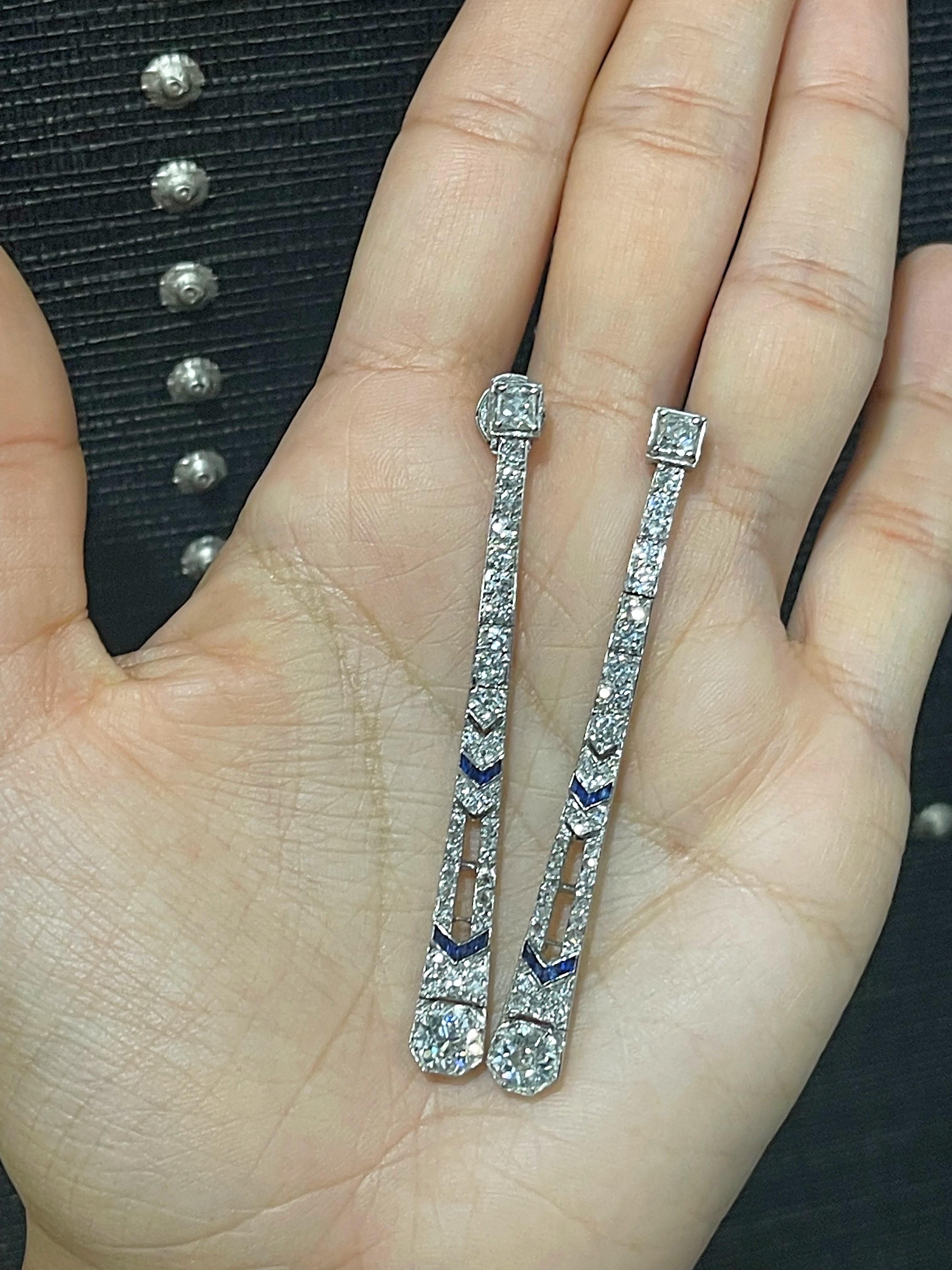 One of a kind French Art Deco Style custom long dangle show stoppers!
Approx 4 CWT diamonds “chevron like pattern”
2 old European cut (bottom), 2 French cut (top), 20 round brilliant, 24 semi-faceted and 22 single cut (surrounding)

16 step cut