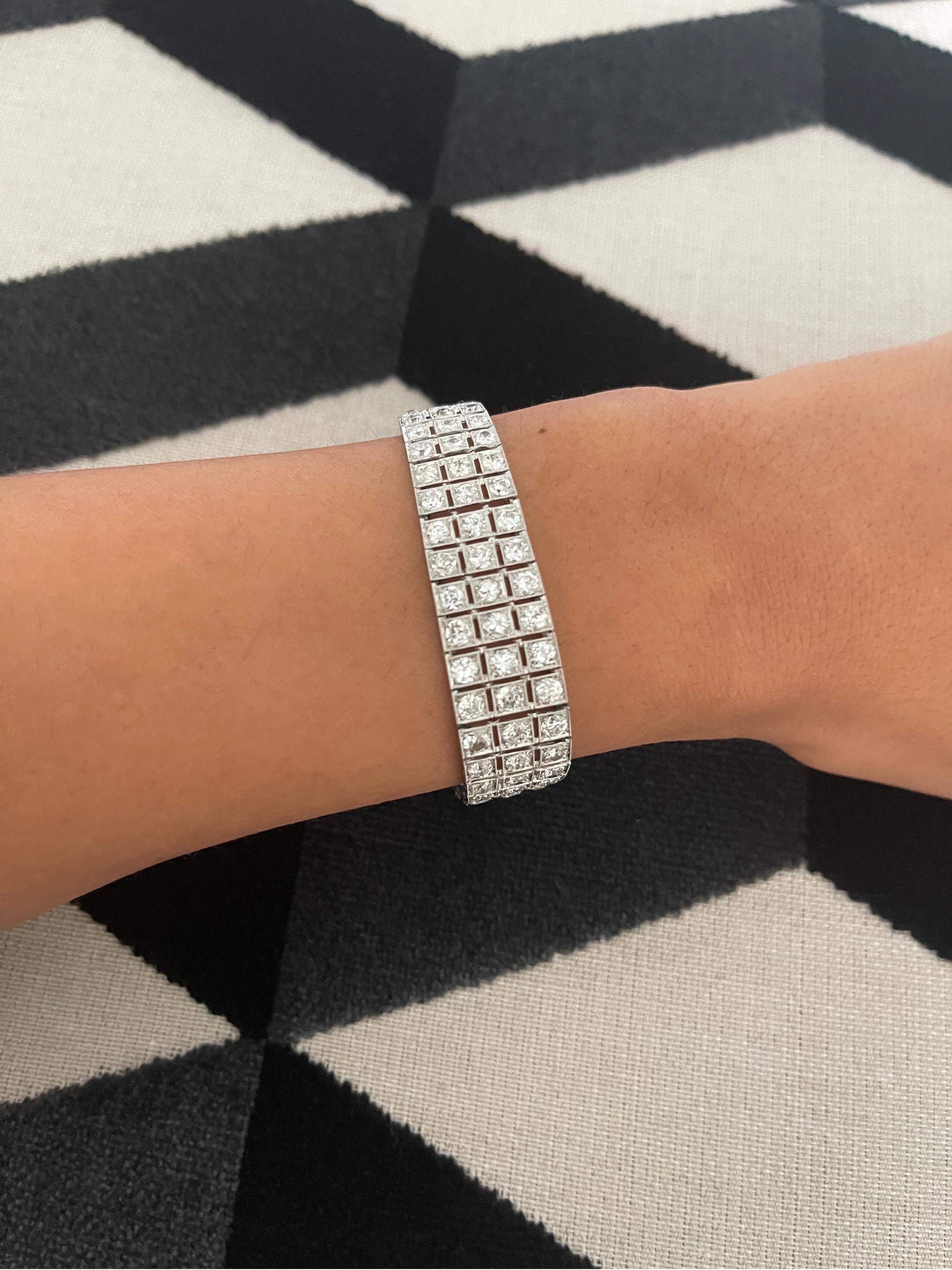 This exquisite, original Art Deco Diamond bracelet contains three rows of diamonds that go all the way around the bracelet, sparkling and shining brightly. This piece contains eight carats of 235 stunning Old European Cut diamonds, all graduated in