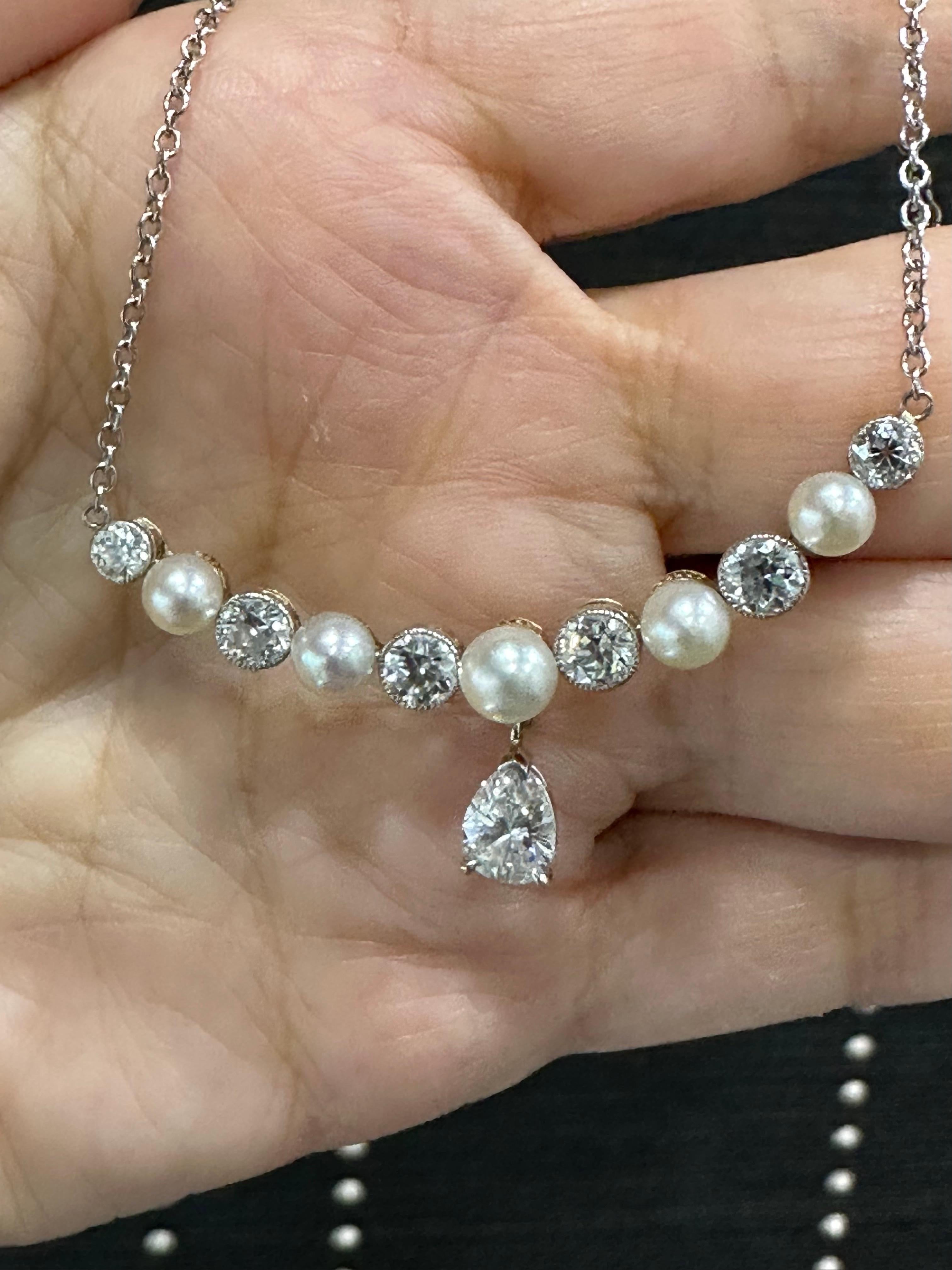 Victorian Platinum/ Gold Pearl Old Mine Diamond Necklace In Excellent Condition For Sale In New York, NY