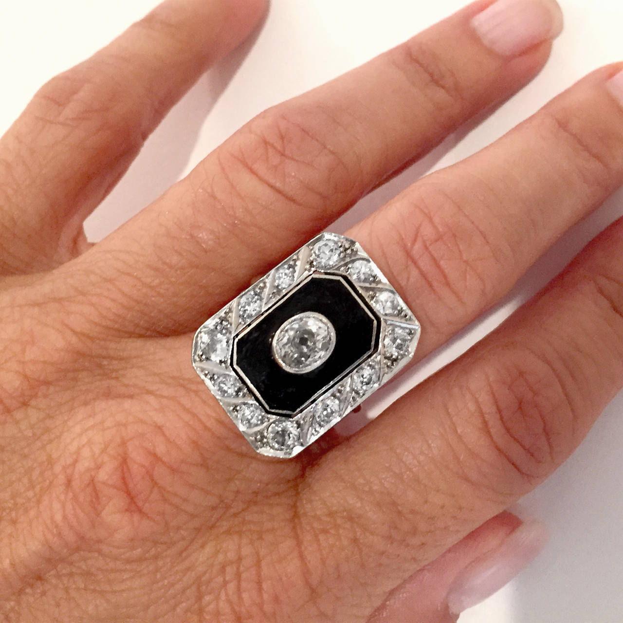 Art Deco Black Enamel Old Mine-Cut Diamond 