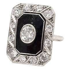 Art Deco Black Enamel Old Mine-Cut Diamond "WoW" ring