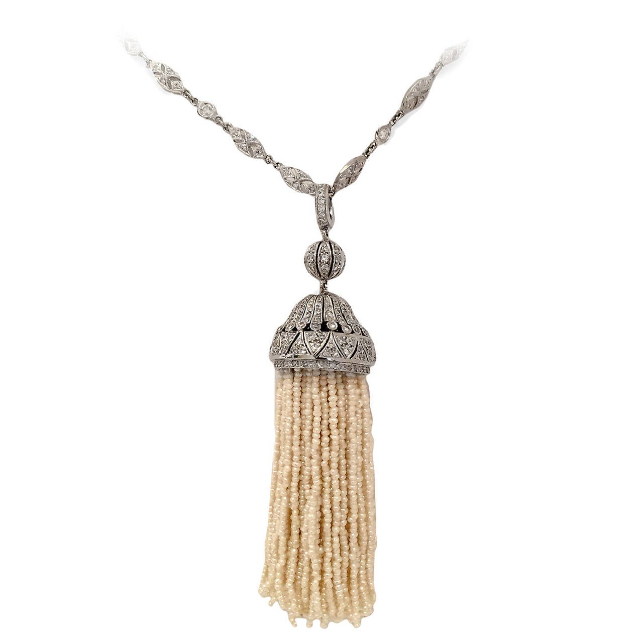 Spectacular Pearl Diamond Platinum Tassel Necklace at 1stDibs