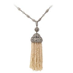 Spectacular Pearl Diamond Platinum Tassel Necklace