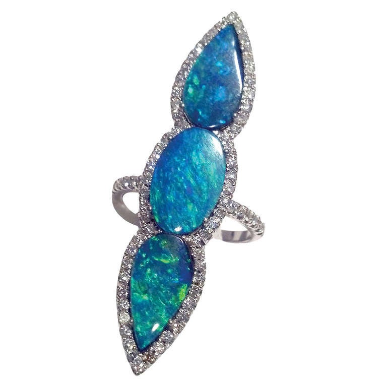 6.95 Carat Black Opal Diamond Gold Ring