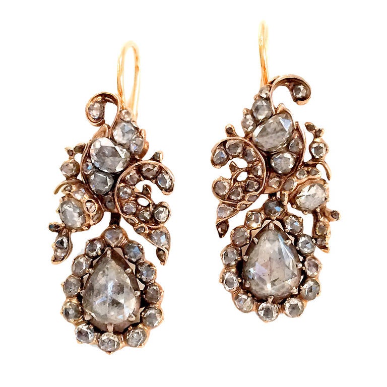 Antique Rose Diamond Silver Gold Floral Drop Earrings For Sale at 1stdibs