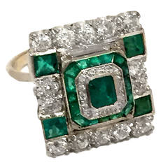 Antique Art Deco Princess-Cut Emerald Diamond Gold Ring