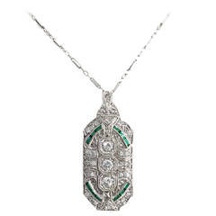 Art Deco Emerald Diamond Platinum Pendant Brooch Art Deco Emerald Diamond Platinum Pendant Brooch
