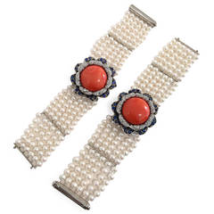 Pair of Coral Cultured Pearl Sapphire Diamond Gold Bracelets