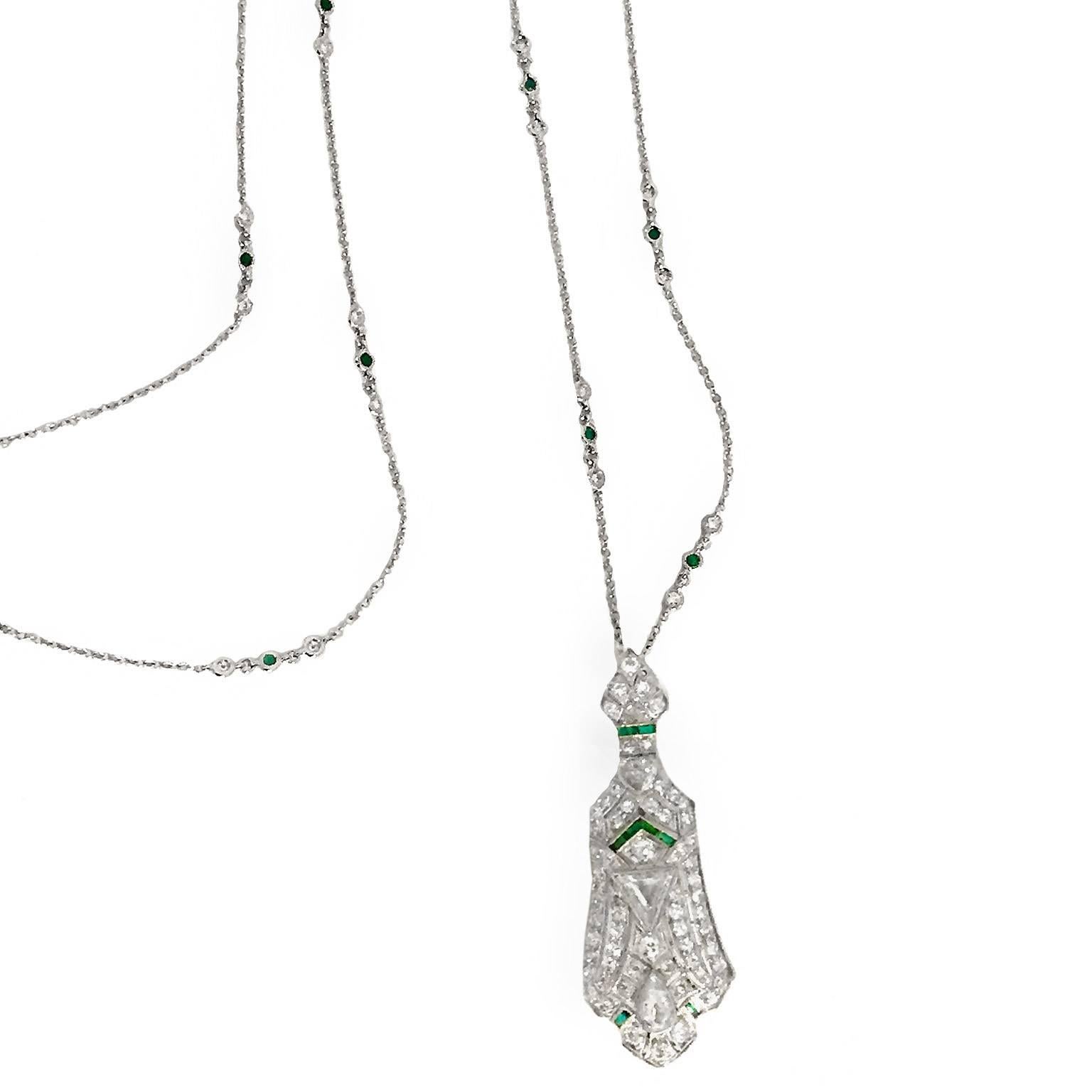 Diamonds and emeralds all around ... a stunning piece! Original art deco platinum pendant with approx 3-1/2 carats of diamonds includes a custom diamond and emerald chain in 18k gold designed by Mindi Mond.  Pendant has a larger trillion and pear-