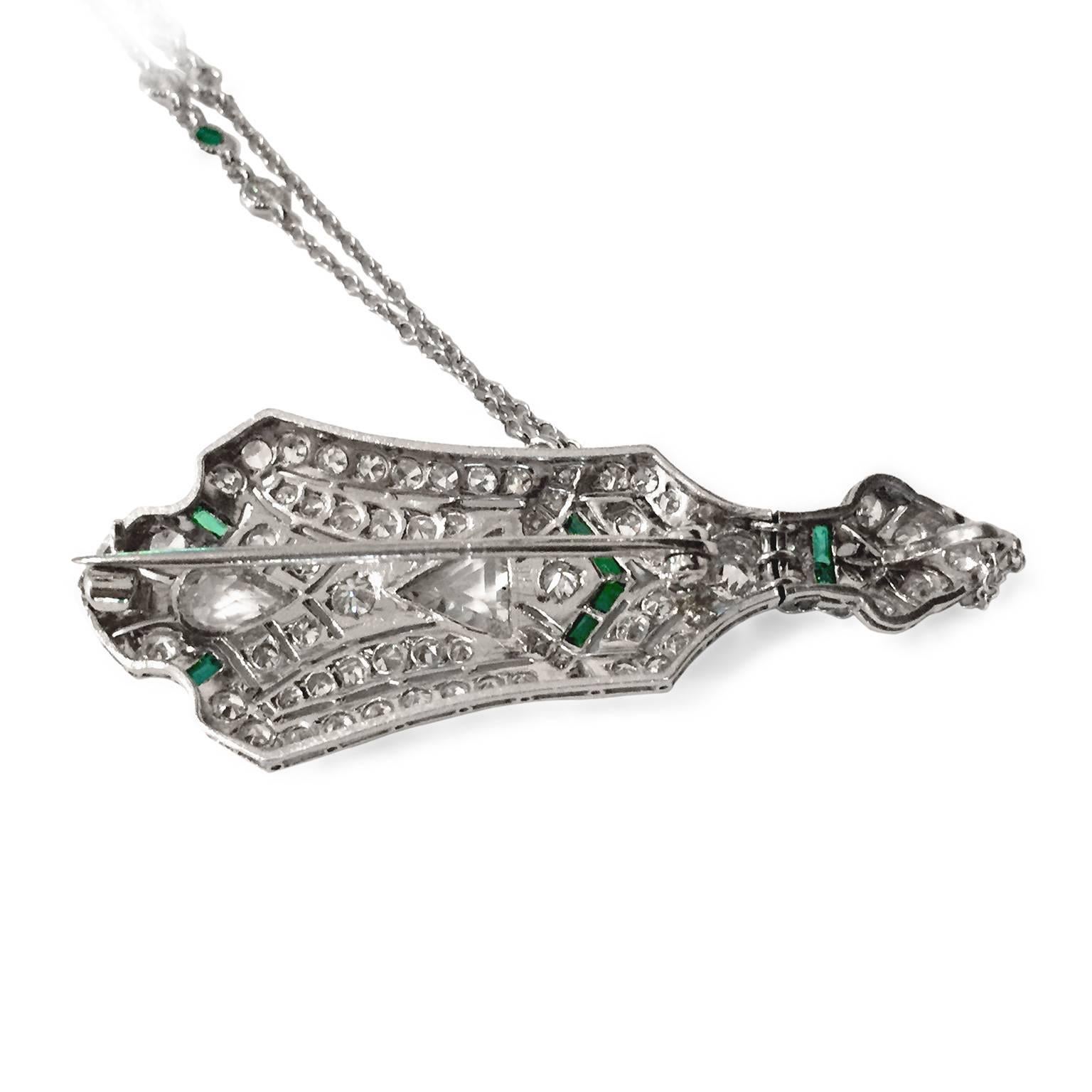 Women's Art Deco 3.5 Carat Emerald Diamond Platinum Pendant Pin
