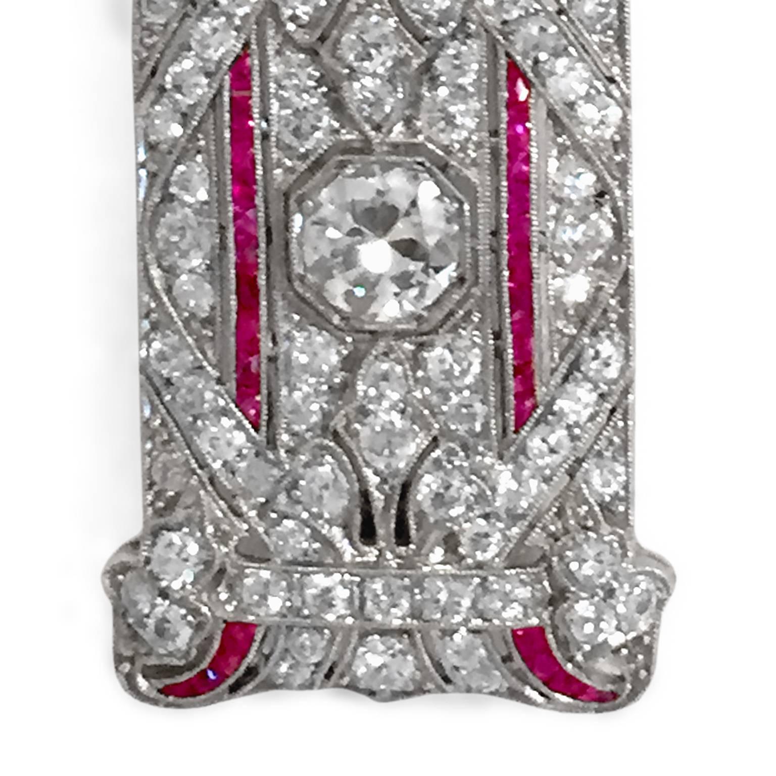 Art Deco Ruby Diamond Platinum Pendant Brooch In Excellent Condition In New York, NY