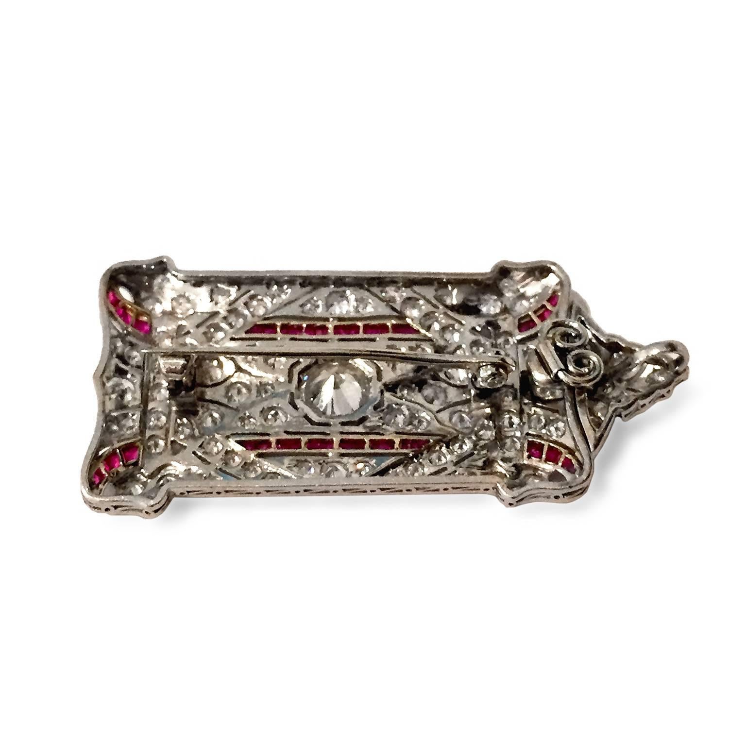 Art Deco Ruby Diamond Platinum Pendant Brooch 1