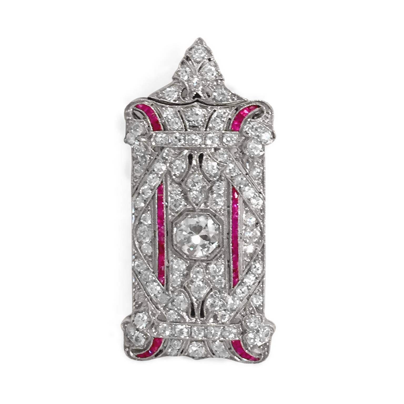 Women's Art Deco Ruby Diamond Platinum Pendant Brooch