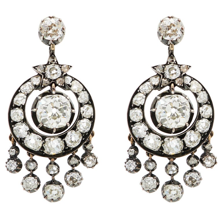 Victorian 6 Carat Diamond Silver White Gold Chandelier Earrings For
