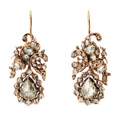 Antique Rose Cut 6 Carat Diamond Silver Gold Floral Drop Earrings 2
