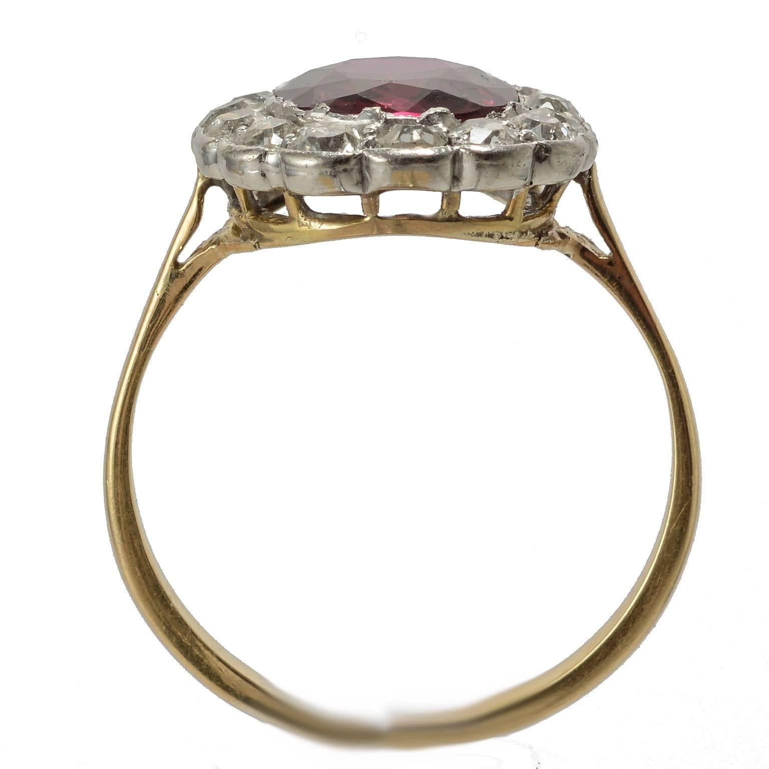 Edwardian natural ruby and diamond cluster ring 18ct gold and platinum 1910c
