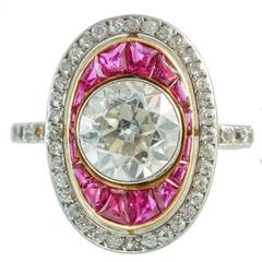 Art Deco 1.80 Carat Diamond Natural Burmese Ruby Diamond Pave Gold Platinum Ring