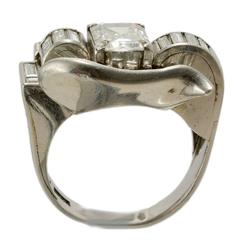 Emerald Cut and Baguette Diamonds Platinum Set Cocktail Ring, circa 1940